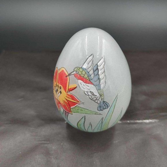 Vintage Reverse Hand Painted Glass Egg Hummingbird Flower - No Stand - Picture 2 of 7